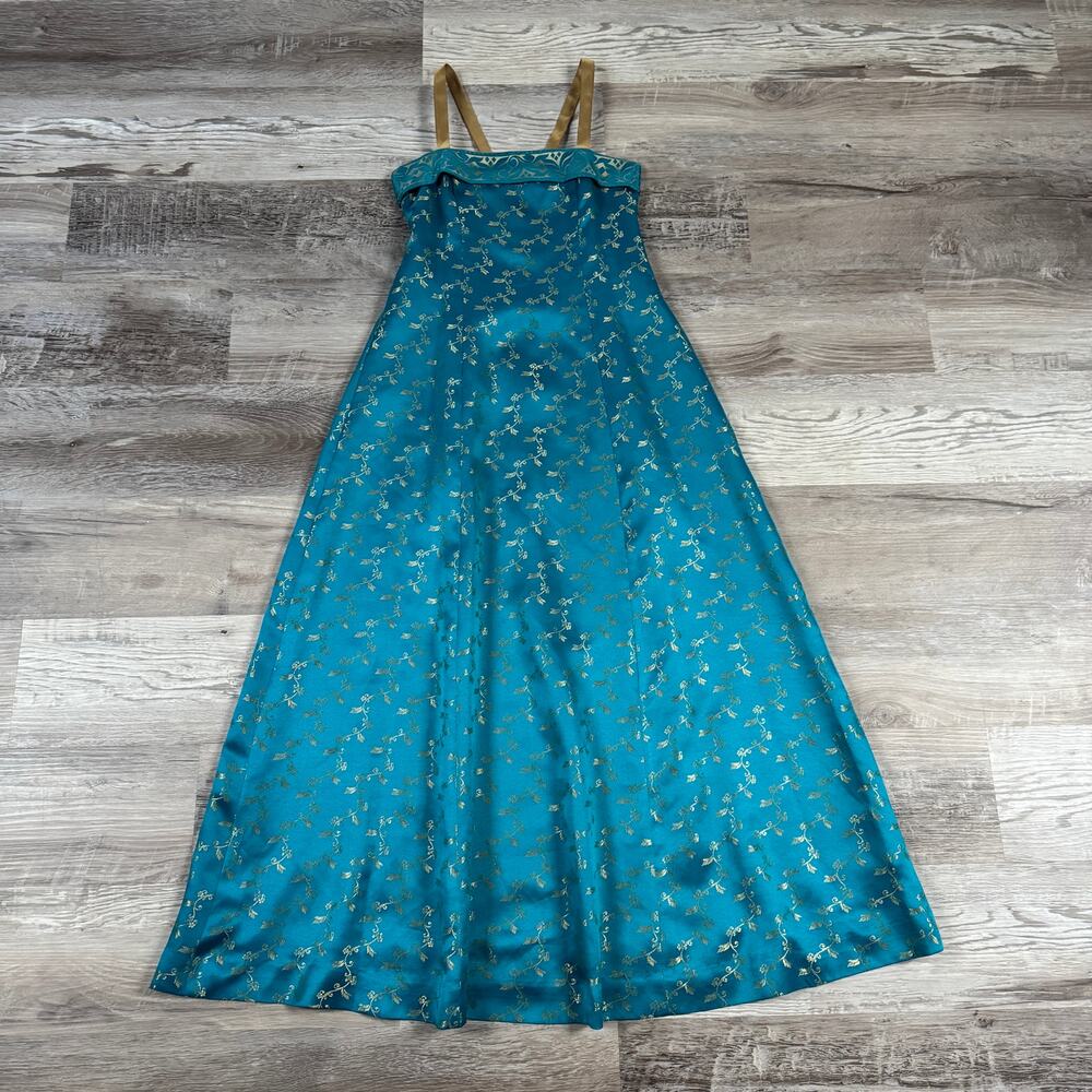 Vintage Y2K 90s Teal Gold Brocade Satin Maxi Dress Asian Formal Homecoming XS